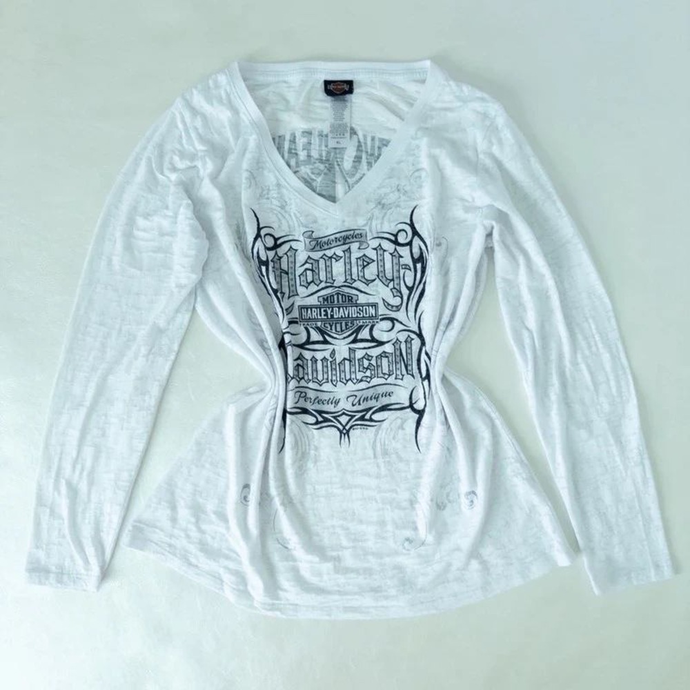 Harley Davidson Long Sleeve Women White Sheer Burnout V-Neck New Orleans XL